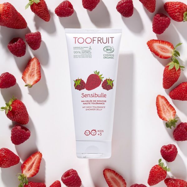 Gelée de douce Sensibulle pour enfant certifiée bio TOOFRUIT à l'odeur de fraise et de framboise entourée de fruits